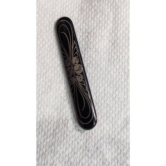 Vintage Black Etched Bar Pin Brooch Floral Design Long 3" Elegant Jewelry Accent - Picture 4 of 5